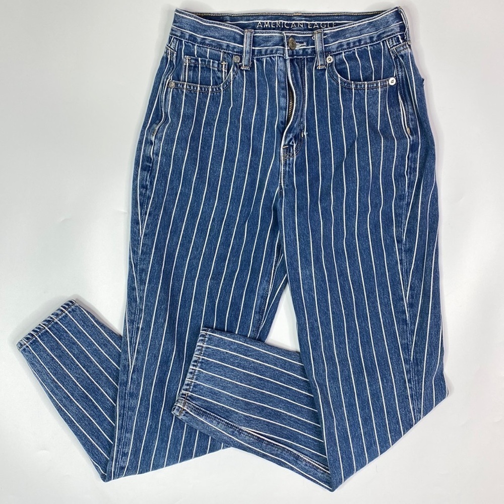 American Eagle Mom Jean Skinny Blue White Pinstripe Size 0 Regular